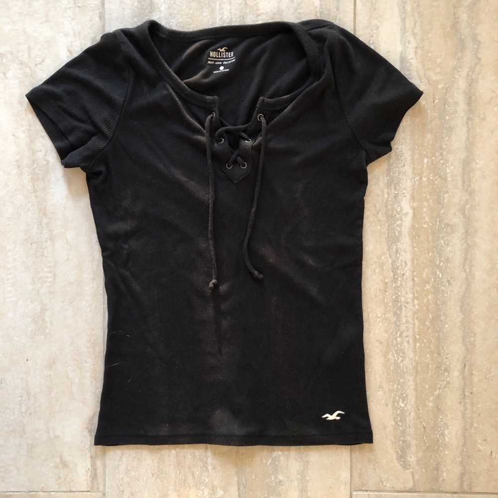 Black Hollister Criss Cross Drawstring Ribbed Tee